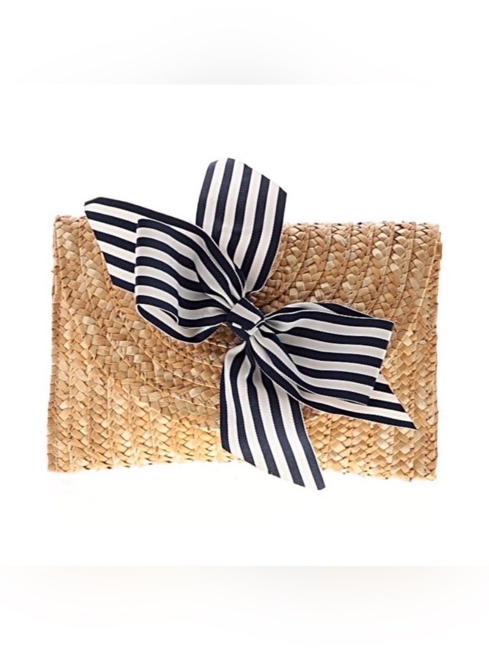 Peachy Pendants Vineyard Straw Clutch Navy & White Stripe Bow Magnetic Snap